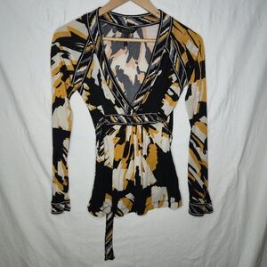 BCBGMaxAzaria Ladies Yellow Black Patterned Blouse Size Medium